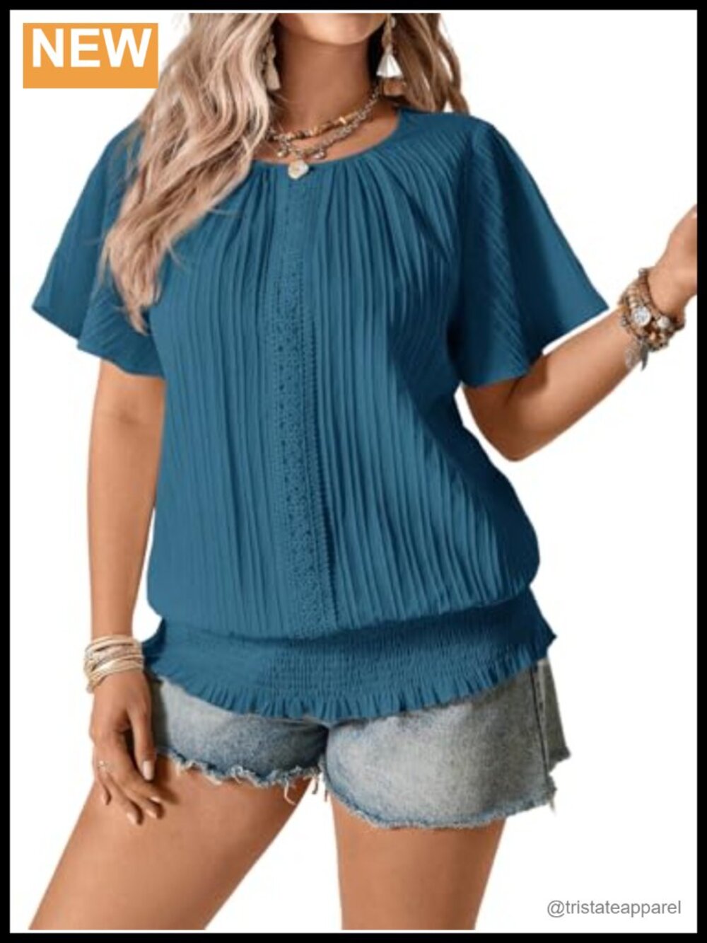 Plus Size Lace Trim Ruffle Sleeve Smocked Blouse Women's Boho Top